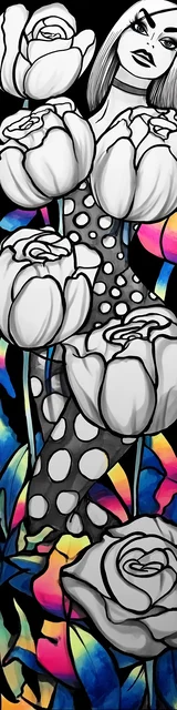 Free colorable bookmarks of a woman behind tulips